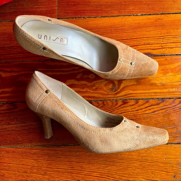 Unisa Camel Colored Suede Pumps, Square Toe, 8 - Picture 2 of 12